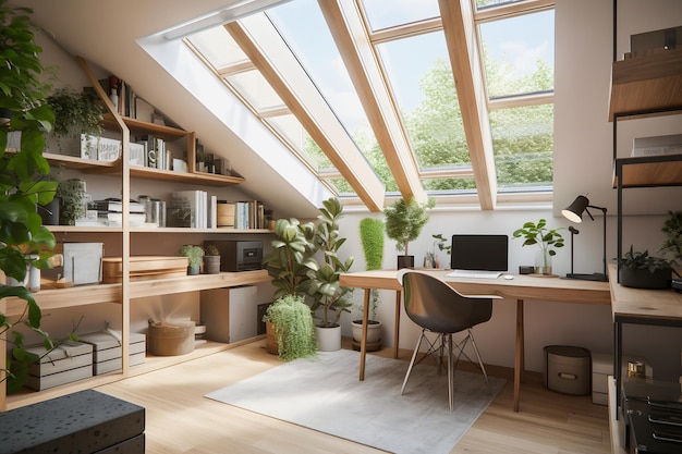 Modernista Home Office Interior Design con piante di luce naturale e mobili moderni per un prodotto