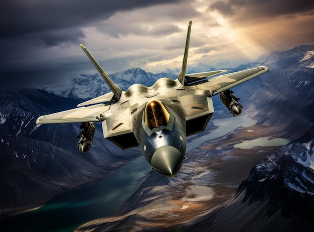 Moderno aereo da combattimento di quinta o sesta generazione vola ad alta quota contro un cielo blu