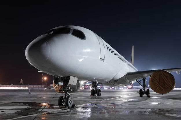 Moderno aereo di linea passeggeri sul piazzale notturno dell'aeroporto