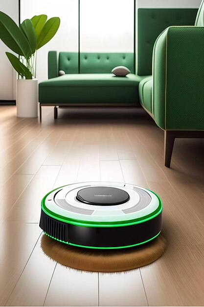 Moderno aspirapolvere robot che lavora aspirando pulizia pavimento di parquet in legno in salotto beige