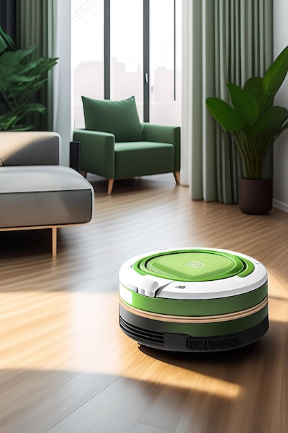 Moderno aspirapolvere robot che lavora aspirando pulizia pavimento di parquet in legno in salotto beige