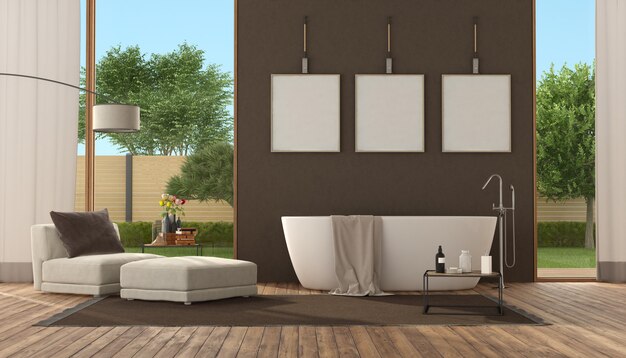 Moderno bagno marrone con vasca