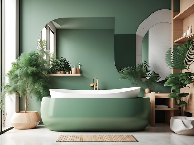 Moderno bagno minimalista interno mobile bagno verde lavabo bianco vanità in legno Genera AI