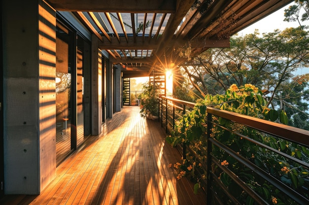 Moderno balcone di legno con la luce del sole serale Un rifugio tranquillo