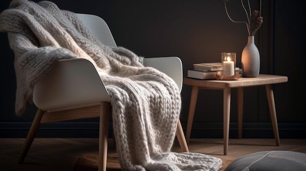 Moderno boho accogliente angolo di casa nel soggiorno Poltrona vintage grigia con cuscino e coperta