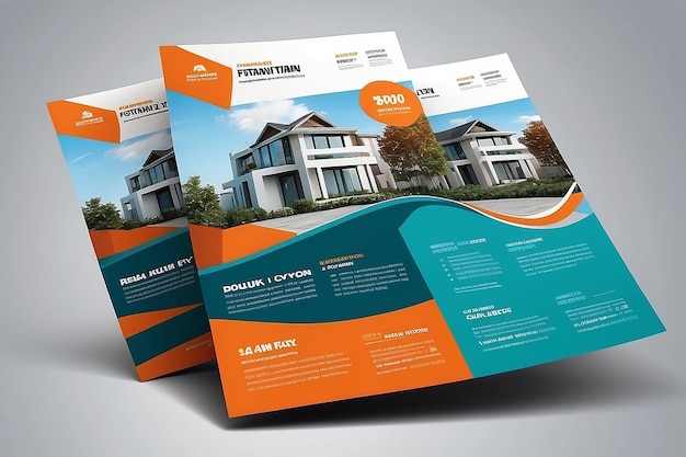 Moderno business immobiliare Flyer Design due colori modello vettoriale A4 Size Teal Color Orange Shape Layout