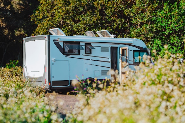 Moderno camper camper camper parcheggiato nella natura in parcheggio gratuito e concetto di stile di vita vanlife fuori rete Viaggi e vacanze estive noleggio veicolo vacanza Sfondo parco naturale verde