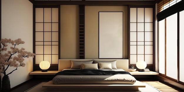 Moderno concetto di camera da letto giapponese con poster mockup IA generativa