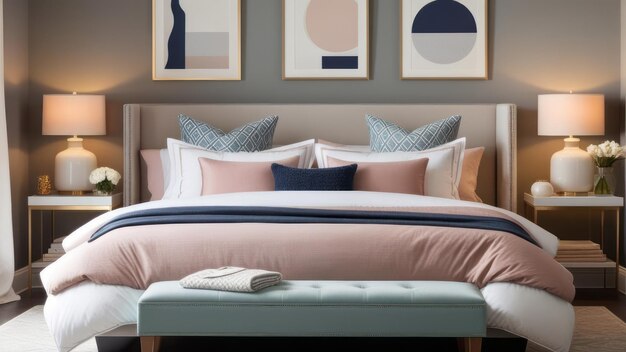 Moderno contemporaneo design degli interni delle camere da letto semplice minimalista lenzuola di crema terrosa cuscini un vaso di
