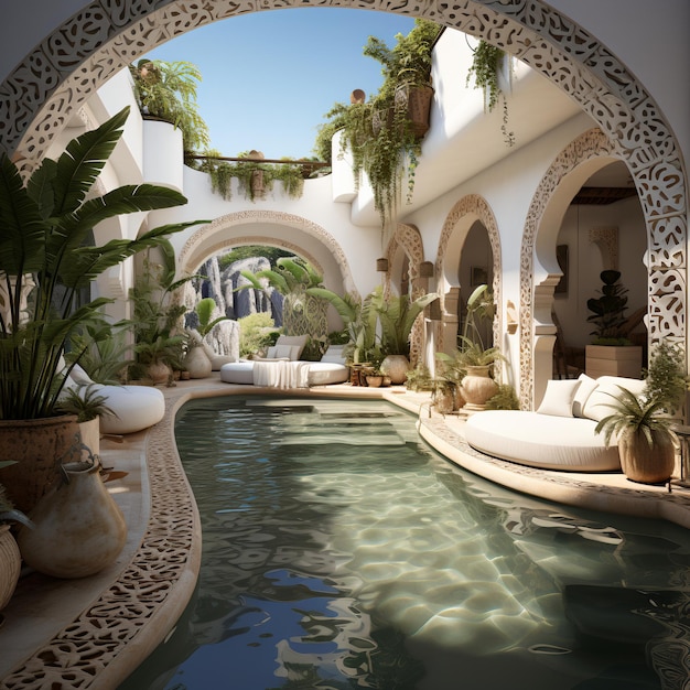 Moderno cortile marocchino con piscina