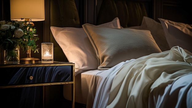 Moderno cottage sera camera da letto decorazione interior design e decorazione della casa letto con eleganti lenzuola da letto e lampada in inglese casa di campagna affitto di vacanza e stile cottage