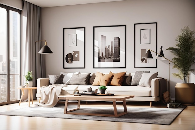 Moderno design d'interni di appartamenti con letto divano cornice fotografica mockup tavolino finestre