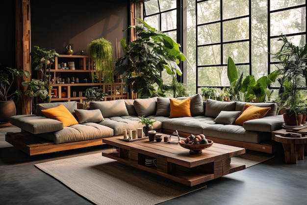 Moderno design d'interno con divano e cuscini sullo sfondo rendering 3D