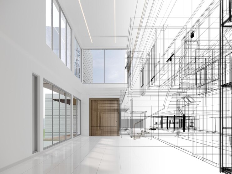 Foto moderno design d'interno di sala vuota rendering 3d
