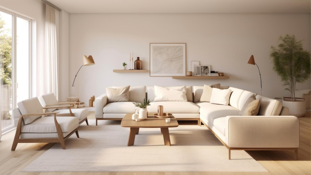 Moderno design degli interni del soggiorno con divano bianco e tavolino da caffè