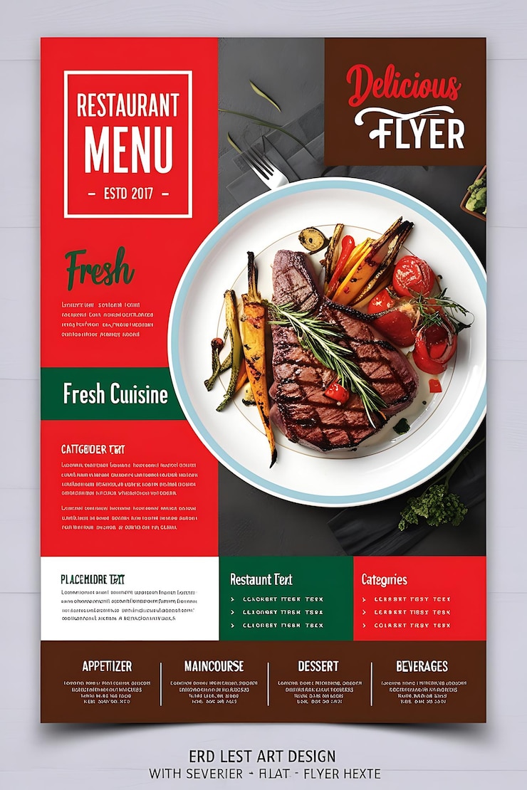Foto moderno design del menu del ristorante con piatti gourmet di bistecca e cucina fresca