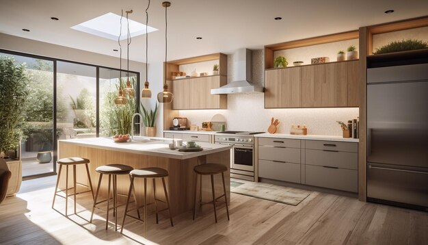 Moderno design di cucina domestica con materiale in legno di lusso e acciaio inossidabile generato dall'intelligenza artificiale