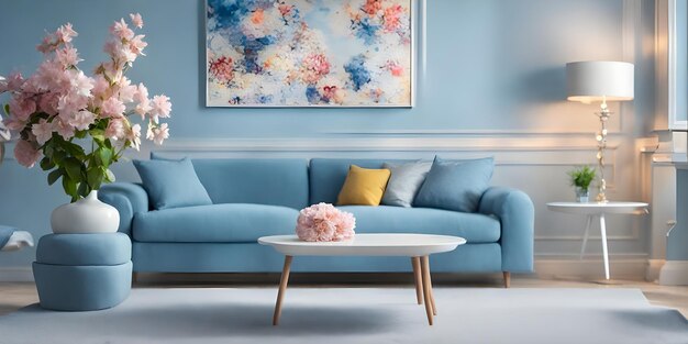 Moderno design di soggiorno blu con divano e mobili soggiorno luminoso sfocato