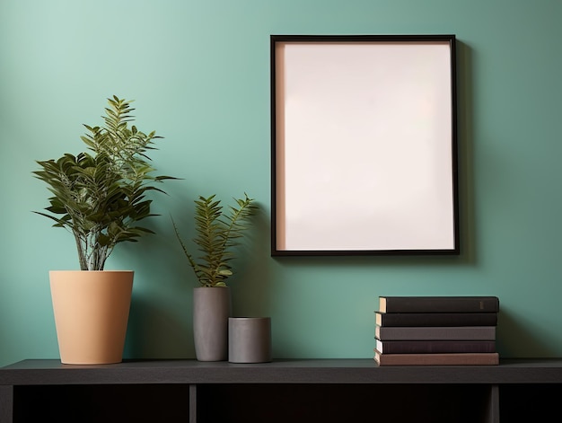 Moderno design interno del soggiorno con cornice in legno scaffale in legno libri fiori in vaso bianco e accessori eleganti Decorazione della casa Generativa ai