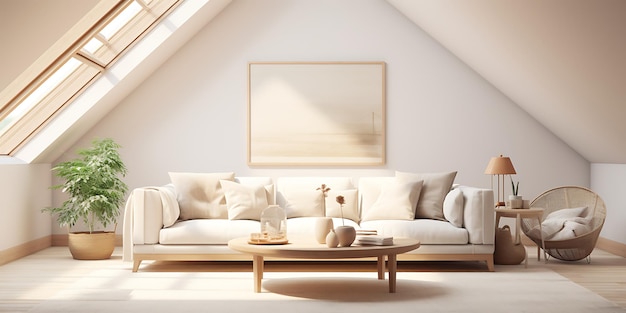 Moderno design interno del soggiorno con un divano bianco, un tavolino da caffè e fiori