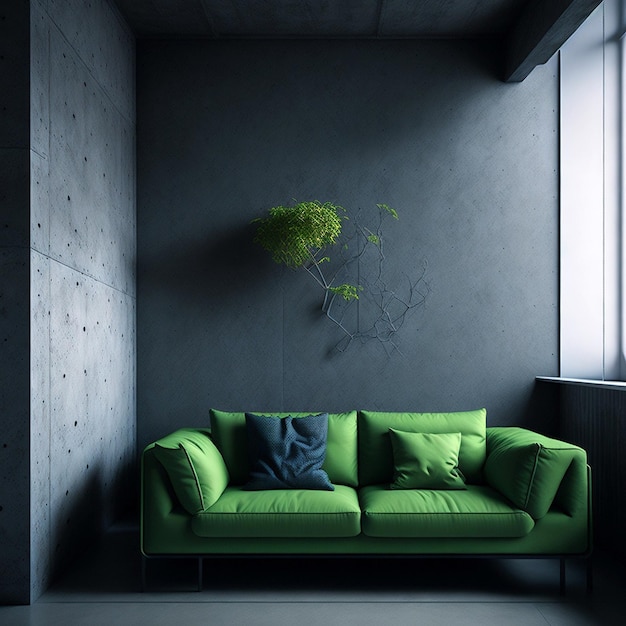 Moderno design interno del soggiorno con un sofà morbido e un fiore verde sullo sfondo
