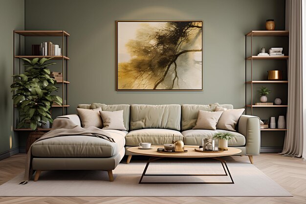 moderno design interno del soggiorno nei colori beige e verde