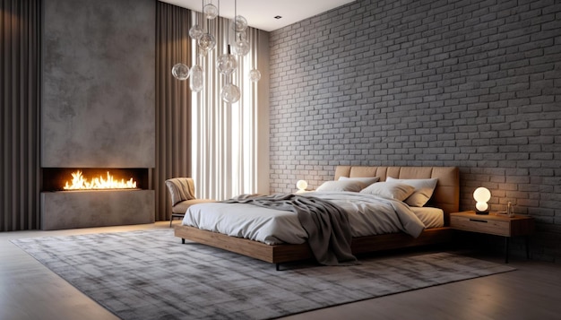 Moderno design interno della camera da letto con parete in mattoni e letto in legno Rendering 3D