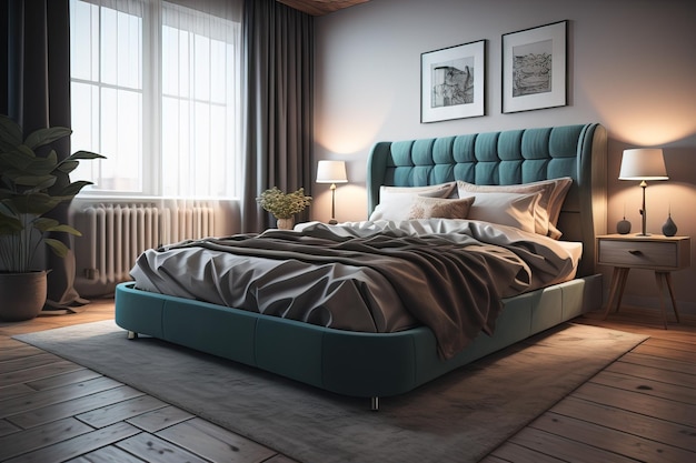 Moderno design interno della camera da letto con pareti grigie pavimento in legno comodo letto king size con due cuscini ai generativo