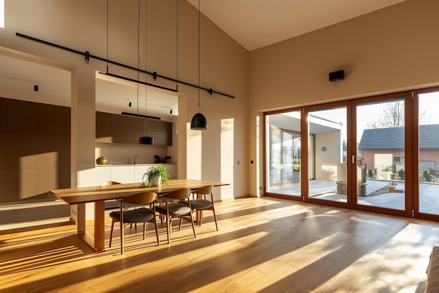 Moderno design interno di appartamento sala da pranzo con tavolo e sedie salotto vuoto con panorama a parete beige