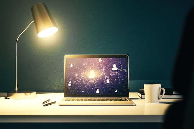 Moderno display per computer con icone di social network concetto di rete concetto di rendering 3D