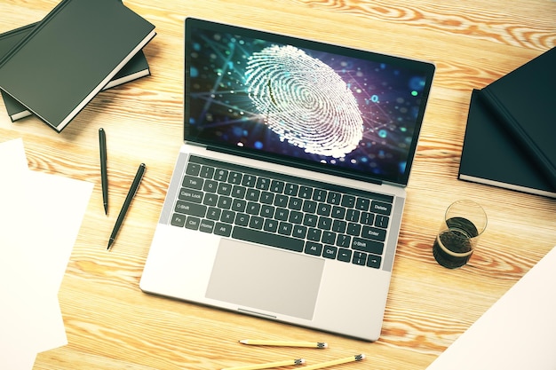 Moderno display per computer con impronta digitale grafica astratta, schizzo di impronta digitale, scansione dei dati, concetto di rendering 3D