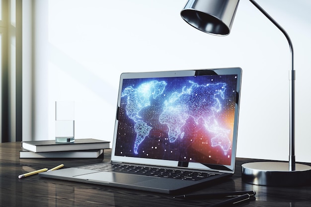 Moderno display per computer con mappa grafica astratta del mondo big data e concetto di rete Rendering 3D