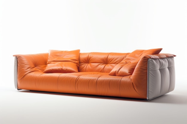 Moderno divano in pelle con cuscini su sfondo bianco