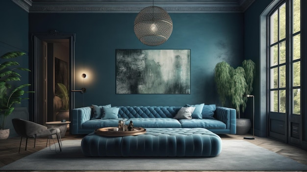 Moderno e accogliente soggiorno nei toni del blu e del grigio, elegante e confortevole divano pouf e poltrona in parquet