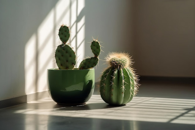 Moderno e chic Due cactus in ceramica verde su un tavolo bianco con copia spazio ideale per qualsiasi design