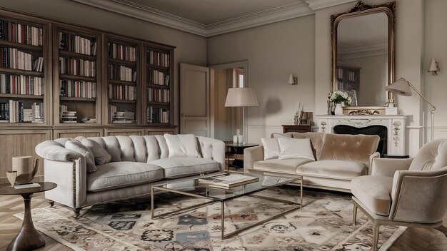 Moderno e classico design d'interno del soggiorno rendering 3D