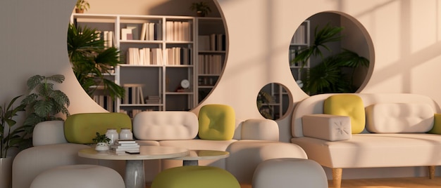 Moderno e colorato spazio di coworking alla moda o interior design della sala lettura con comodo divano