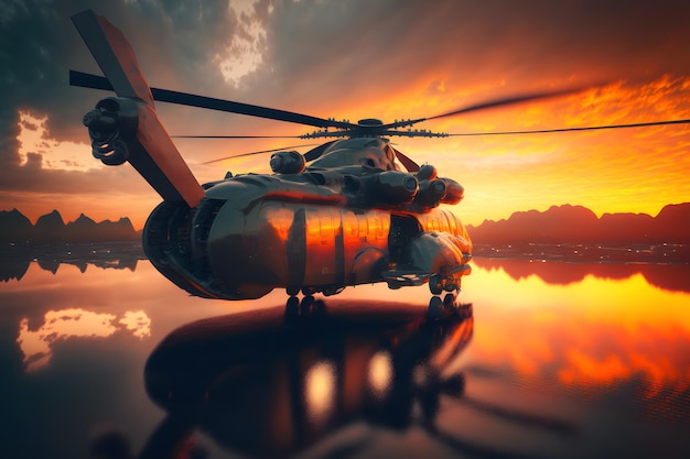 Moderno e futuristico trasporto in elicottero dell'esercito nel centro della città Arte generata dalla rete neurale