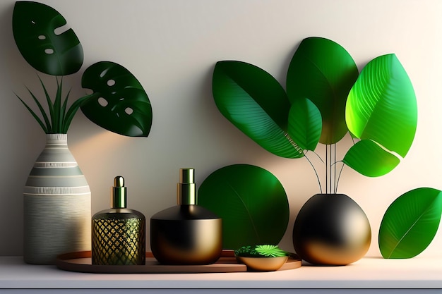 Moderno e minimale, vuoto, verde opaco, piano d'appoggio, palma di bambù, all'ombra delle foglie del sole sul gre