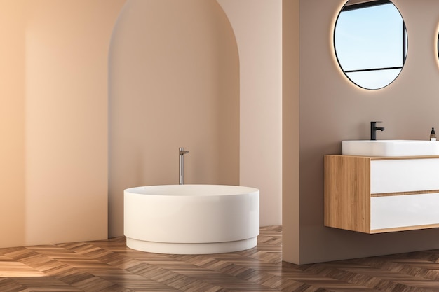 Moderno e minimalista bagno interno moderno mobiletto del bagno lavabo bianco in legno vanità interni piante accessori bagno vasca e doccia pareti bianche e beige pavimento in cemento rendering 3d