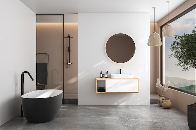 Moderno e minimalista bagno interno moderno mobiletto del bagno lavabo bianco in legno vanità interni piante accessori bagno vasca e doccia pareti bianche e beige pavimento in cemento rendering 3d