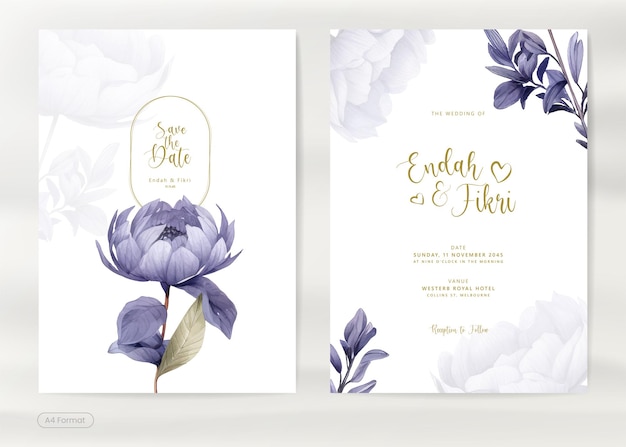 Moderno e semplice modello di invito al matrimonio con acquerello di fiori viola