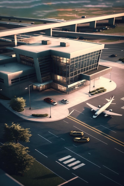 Moderno edificio aeroportuale con auto e aereo creato utilizzando la tecnologia ai generativa