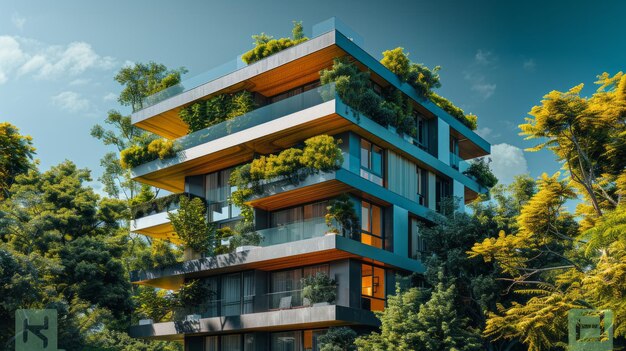 Moderno edificio di appartamenti che si erge sullo sfondo di alberi verdeggianti e un cielo blu limpido che incarna la vita urbana in armonia con la natura 3D rendering AI Generative