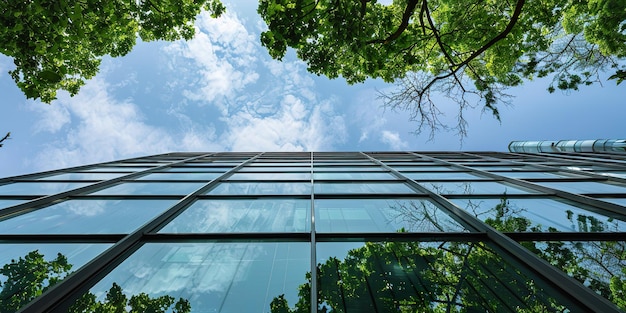 Moderno edificio in vetro che si fonde con il cielo incorniciato da cime di alberi verdi