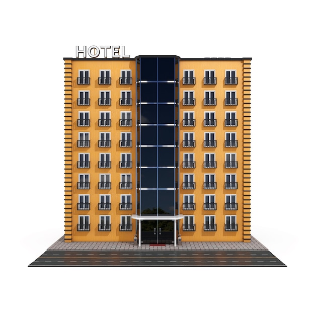 Moderno edificio Orange Hotel con Street Road su sfondo bianco. Rendering 3D