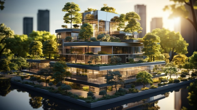 Moderno edificio per uffici con alberi in primo piano L'armonia tra natura e modernità