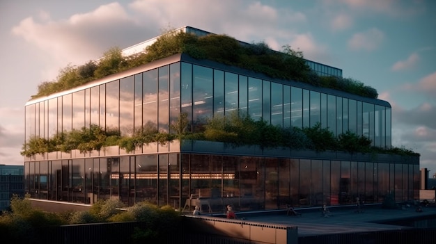 Moderno edificio per uffici con facciata in vetro e verde sul tetto Tecnologia generativa AI