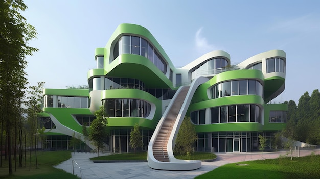 Moderno edificio per uffici educativi con concetto di eco verde AI generato