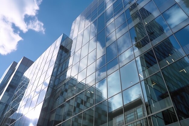 Moderno edificio per uffici in vetro che riflette il cielo blu